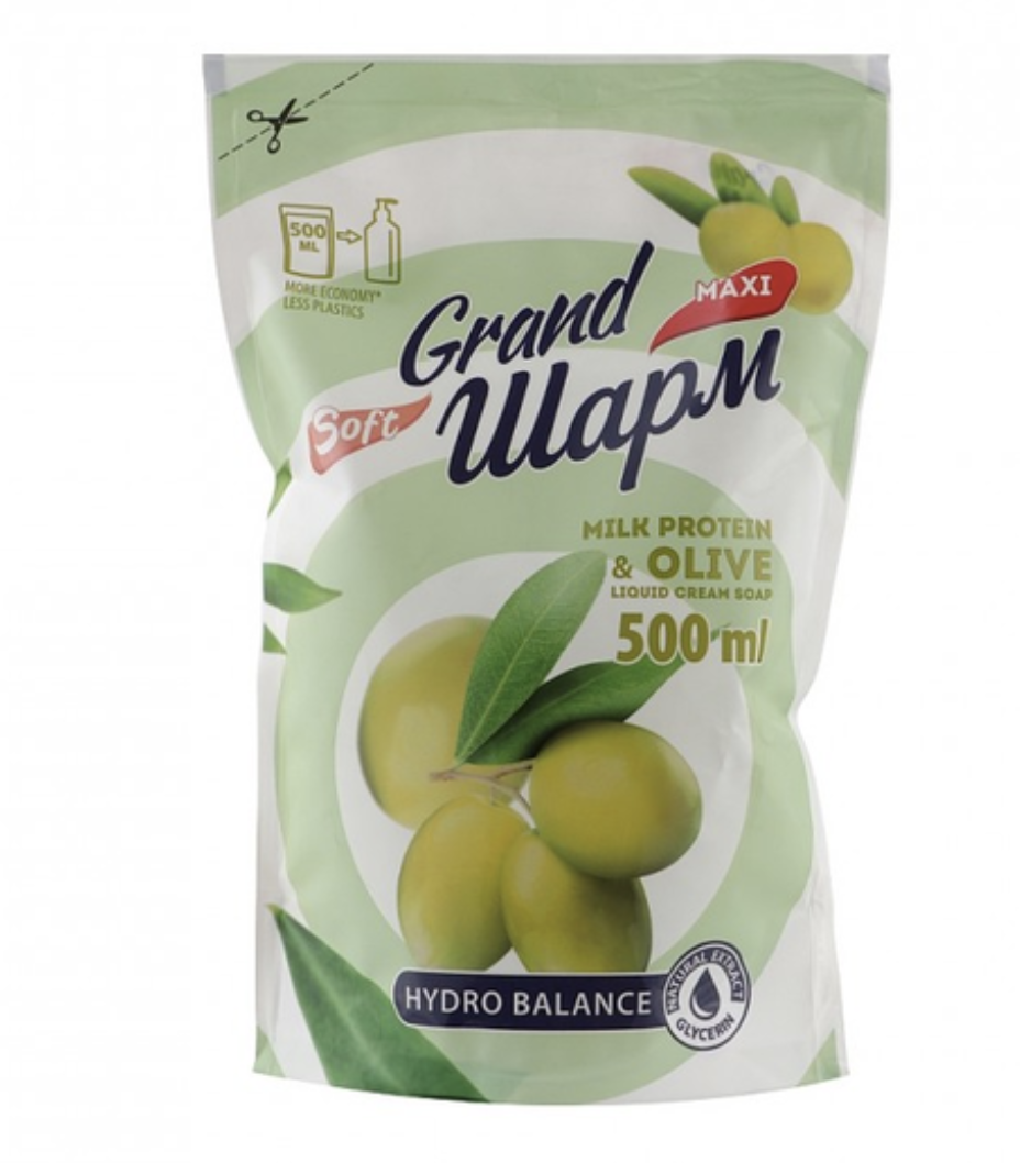 Крем-мило туалетне рідке Grand Шарм (MAXI) MILK PROTEIN & OLIVE дой-пак 500мл